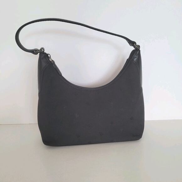 Ralph Lauren Hobo Shoulder Bag Small Black Logo Zip Canvas Leather Trim Retro - Picture 1 of 12